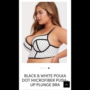 Blk & white polka dot microfiber pushup plunge bra